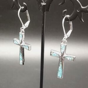 925 Silver Plated Turquoise Cross Earrings Western Valentine's Anniversary Gift